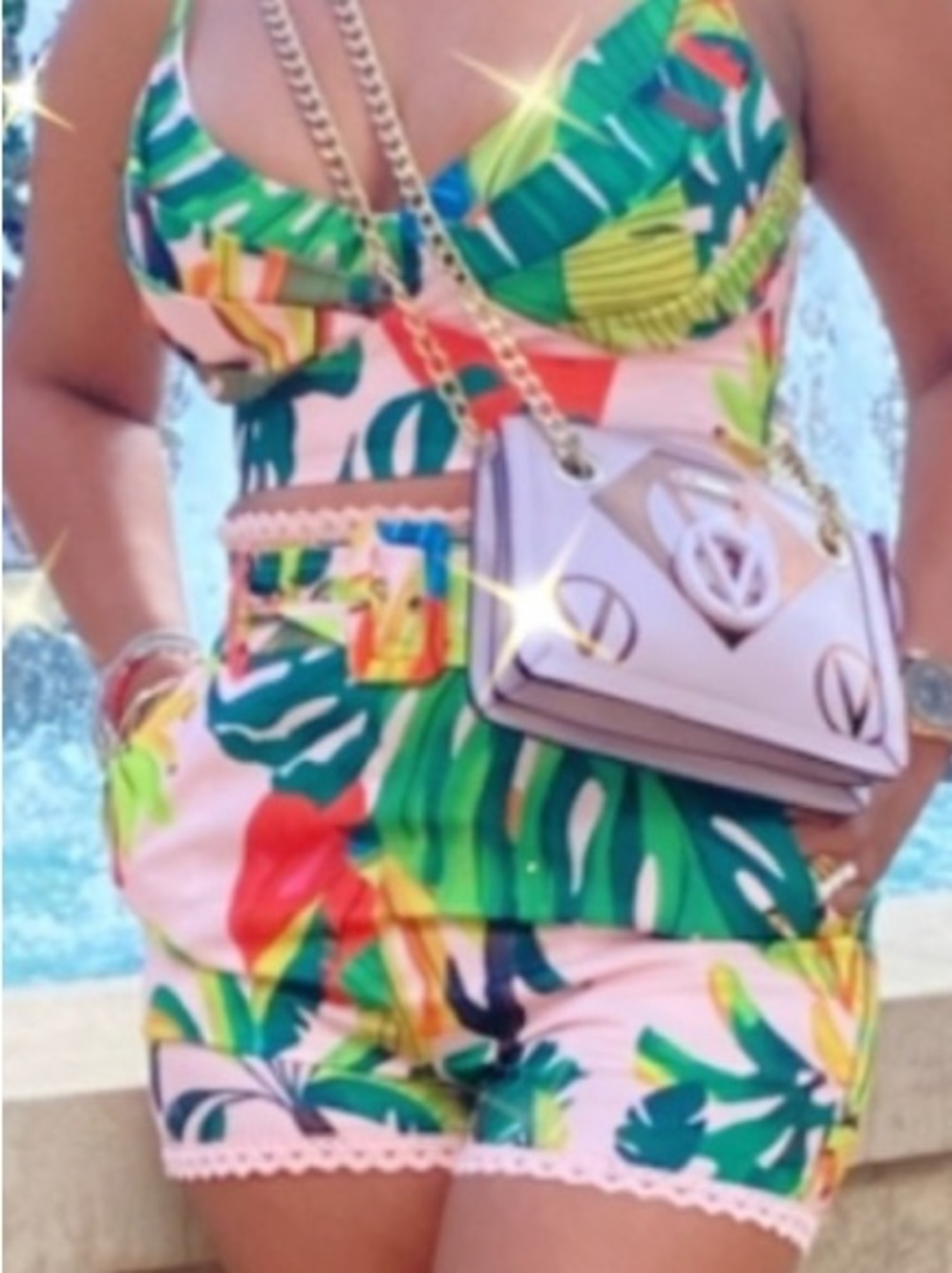 Belted Lace Trim Tropical Palm Print by L’Atiste by Amy Size Small NWOT Vacay - Picture 3 of 14